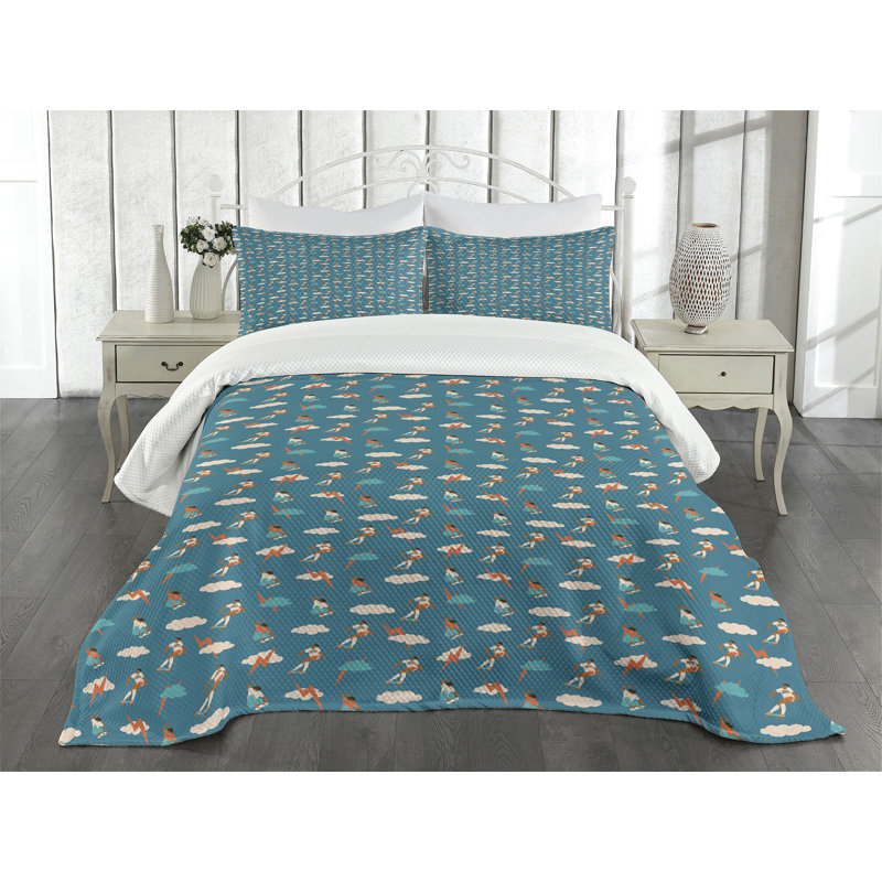 Petrol Blue Quilted Skateboarding Queen Bedspread Set with Shams