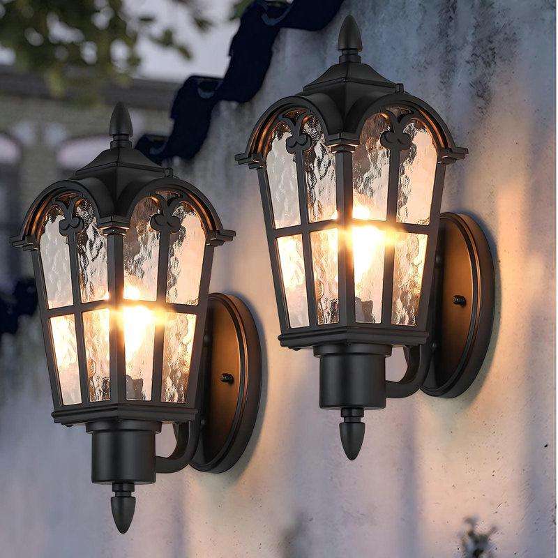 Outdoor Wall Light Fixtures Wall Mounted, Exterior Waterproof Porch Lights Wall Lanterns, Outside Wall Sconces With Water Ripple Glass.(Black/2 Pack)
