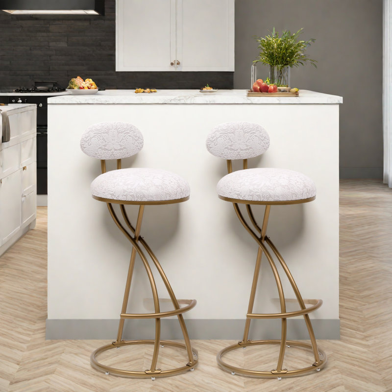 Hilaree Upholstered Counter Stool with Metal Frame, Floral White, Gold