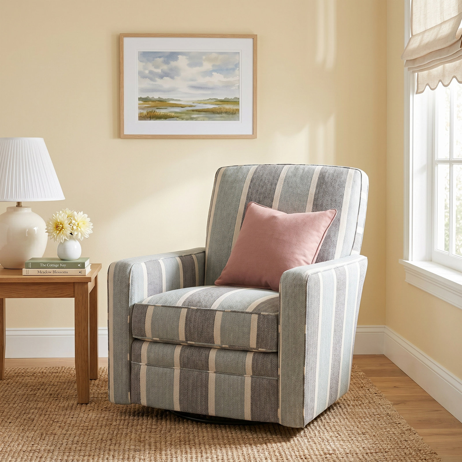 Idana Oak Swivel Armchair, Beachbum 21 Gray Stripe, No