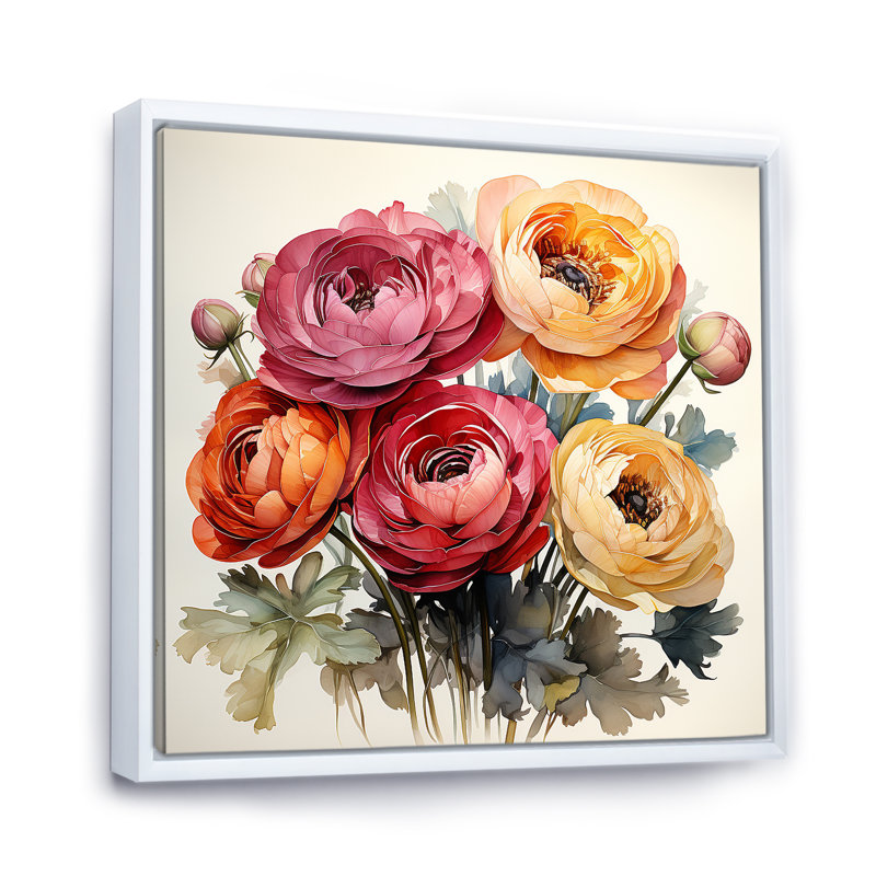 «Colorful Ranunculus Elegance I», art mural Renoncule, Cadre flottant blanc, H 30 po x l 30 po x P 1,5 po