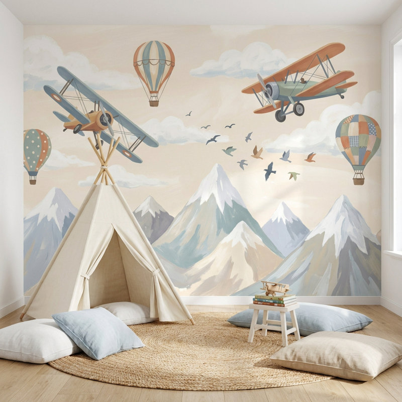 Papier peint Biplanes fantaisiste, décoration murale rétro, 120 po x 96 po, Peler et coller