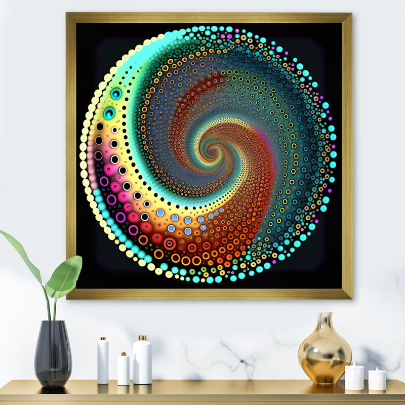 Iridiscdent pointillisme spirale nuances de turquoise - imprimé, H 24 po x l 24 po x P 1 po, Cadre doré simple