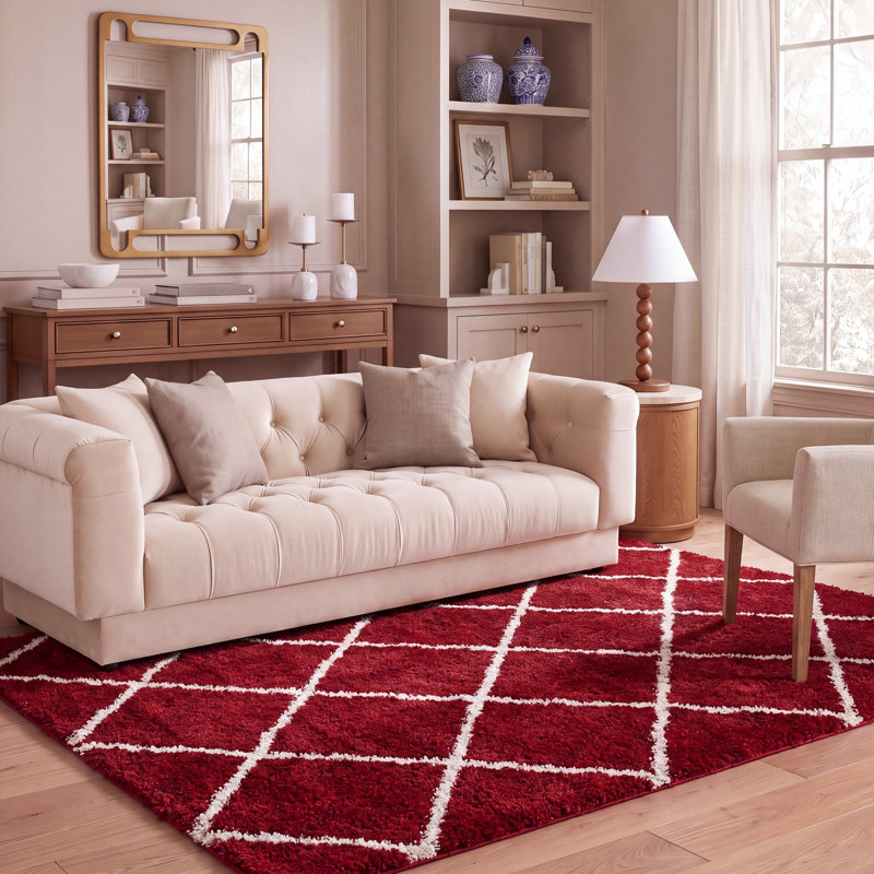 Tapis à poil long Humberto Hudson, Rouge / ivoire, Rectangle 5 pi 3 po x 7 pi 6 po