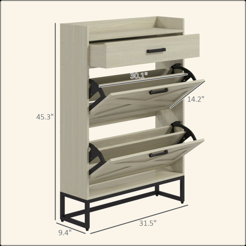 Narrow Shoe Cabinet, Industrial Shoe Storage Cabinet With 2 Flip Drawers, Adjustable Shelves, And Top Drawer, Entryway Hidden Shoe Storage For 12 Pairs Of Shoes