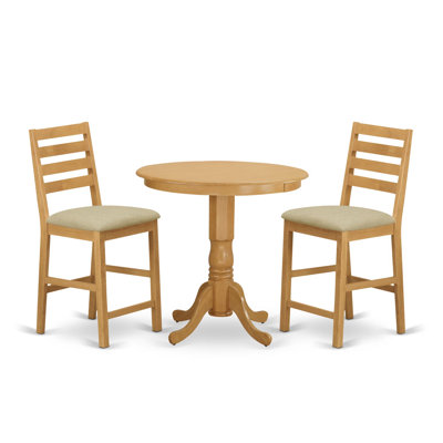 3 Piece Kitchen Counter Height Dining Table Set Contains a Round Pub Table with Pedestal and 2 Linen Fabric Upholstered Chairs, 36x36 Inch, Oak