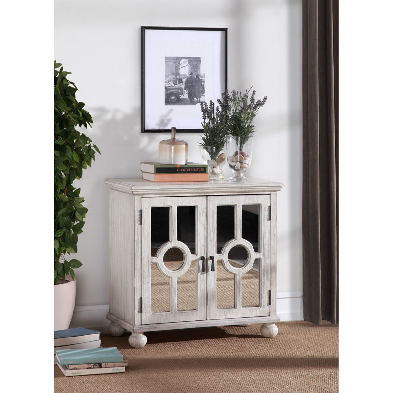 Classic Storage Cabinet Modern Traditional Accent Chest with Mirror Doors Pendant Pulls Wooden Furniture, Antique White