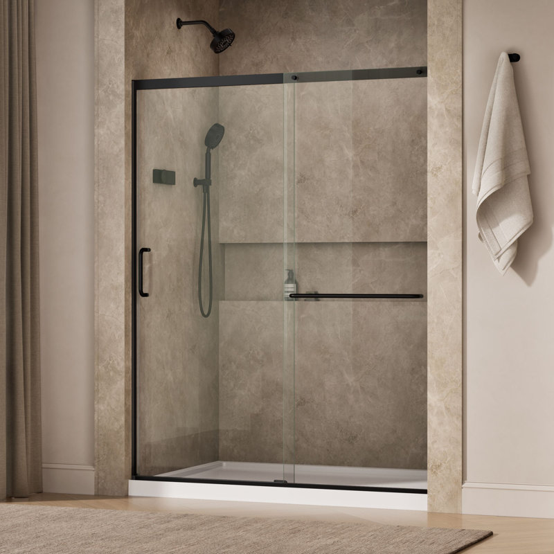 Elate Tall Sliding Shower Door, 75-1/2-In H X 56-1/4 - 59-5/8-In W, With Heavy 5/16-In Thick Crystal Clear Glass, Black