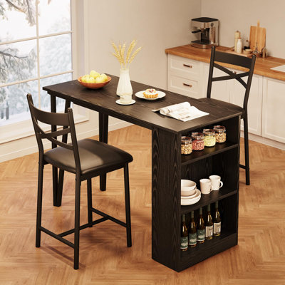 Ensemble de table de salle à manger compacte pour 2 personnes, table de hauteur de comptoir pliable avec rangement à 3 niveaux et 2 tabourets rembourrés