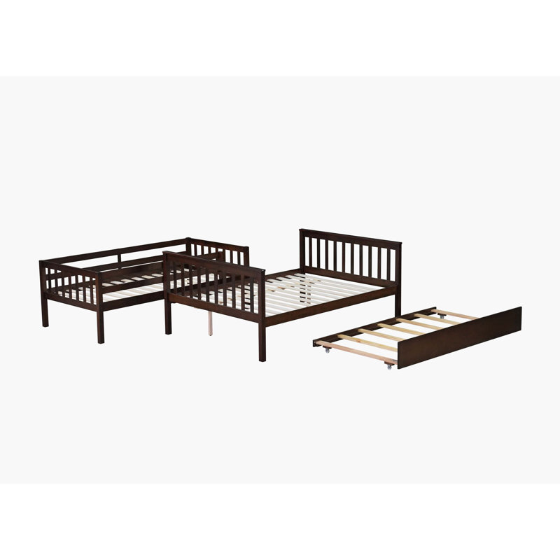 Espresso Rubber Wood Twin-Over-Full Bunk Bed Featuring Trundle, Convertible Ladder, Guardrails, And Detachable Structure