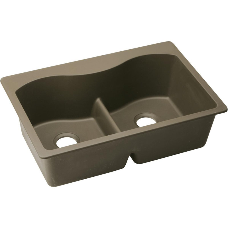 Quartz Classic 33" x 22" x 9-1/2" Double Basin Drop-in Kitchen Sink with Mounting Hardware, Mocha