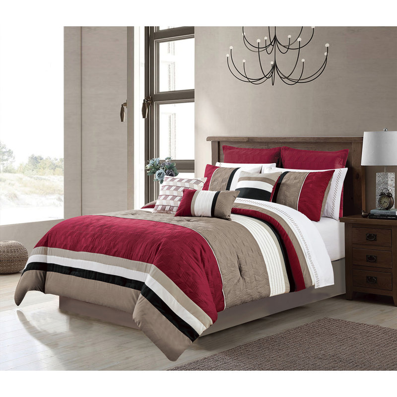 Polyester Striped Comforter, Gray/Red/White, King