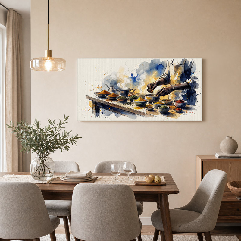 «Chef Chef Seasoning Colorful Spice Bowls», peinture à l'aquarelle sur toile, 46“W x 24”H