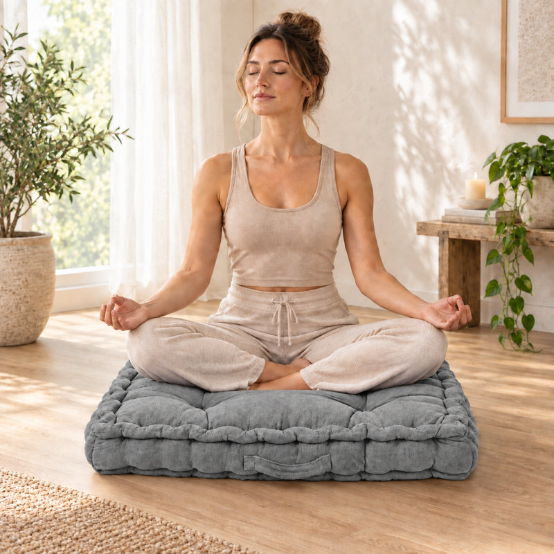 Oversized Handcrafted Tufted Chenille Floor Pillow Cushion with Side Handle, Gray, 26'' W x 26'' D x 7'' H
