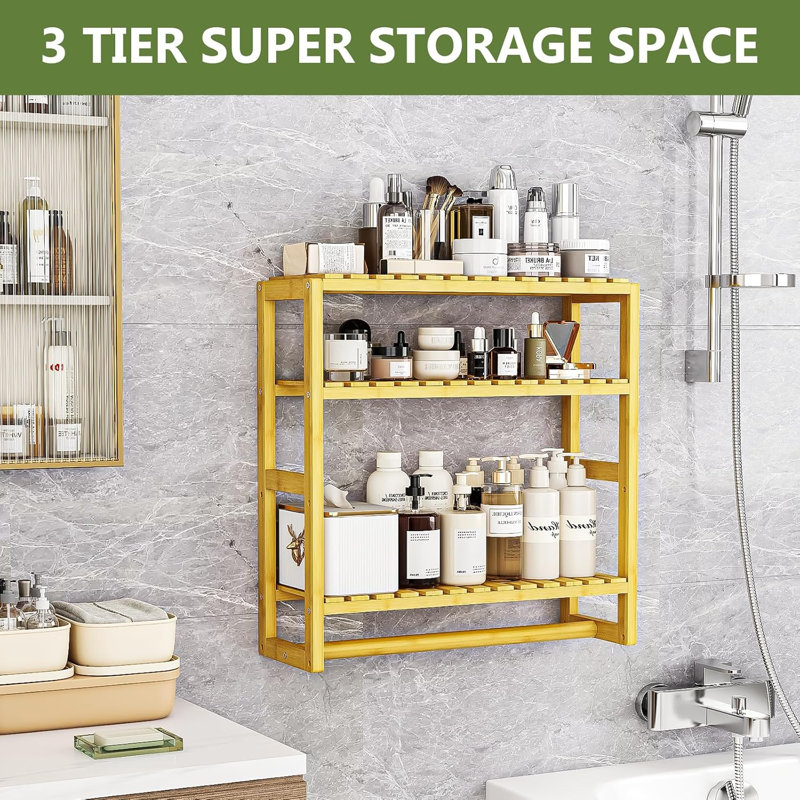 Étagère de rangement à 3 niveaux au-dessus de la toilette en bambou avec porte-serviettes réglable, rangement mural pour papier hygiénique et articles essentiels