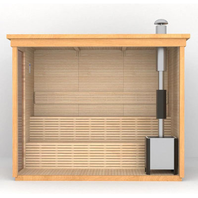 Hylivesaunas Outdoor Steam Sauna, 4 Person Canadian Hemlock Wood Corner Sauna Room, Traditional Saunas with 220V ETL-Certified 6KW Havia Heating Stove, Headrest, Rocks, Light Included, 195℉ Left Door