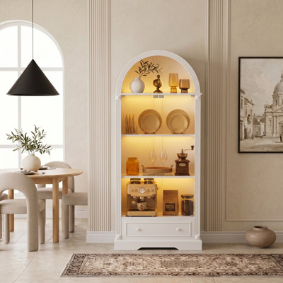Armoire de rangement de style campagne moderne 70,9 pouces avec portes en verre et lumières DEL