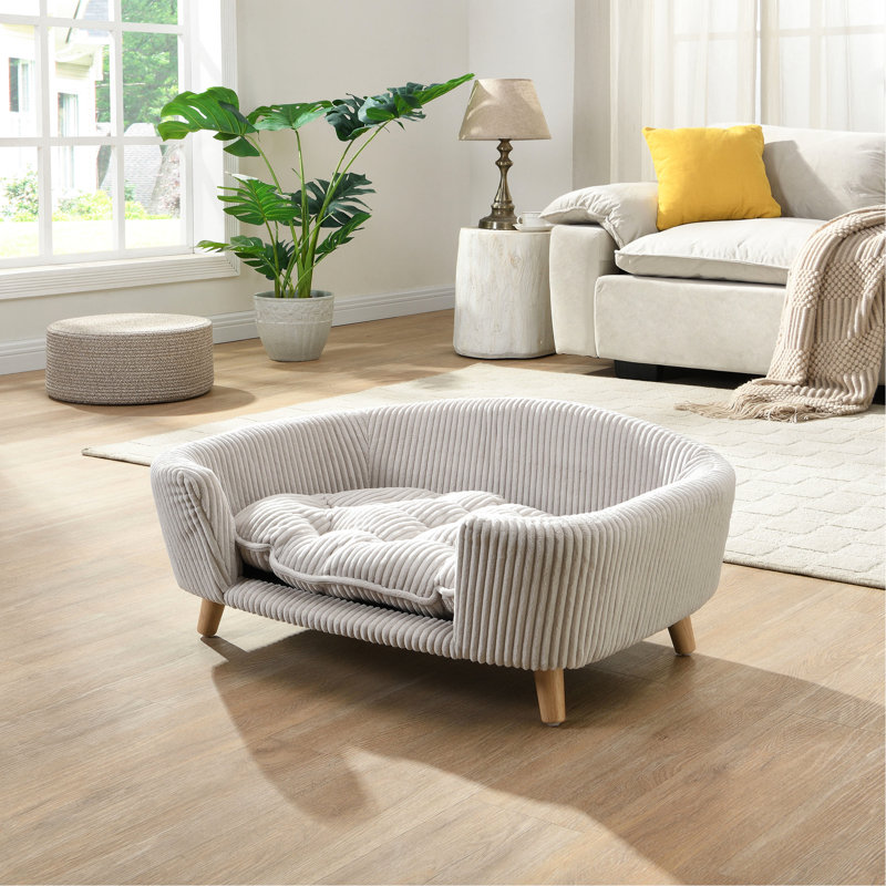 Petit cadre de lit pour chien avec un matériau en velours côtelé, des pieds en bois d'hévéa, de la mousse de soutien, une teinte beige, un assemblage sans effort pour une détente confortable