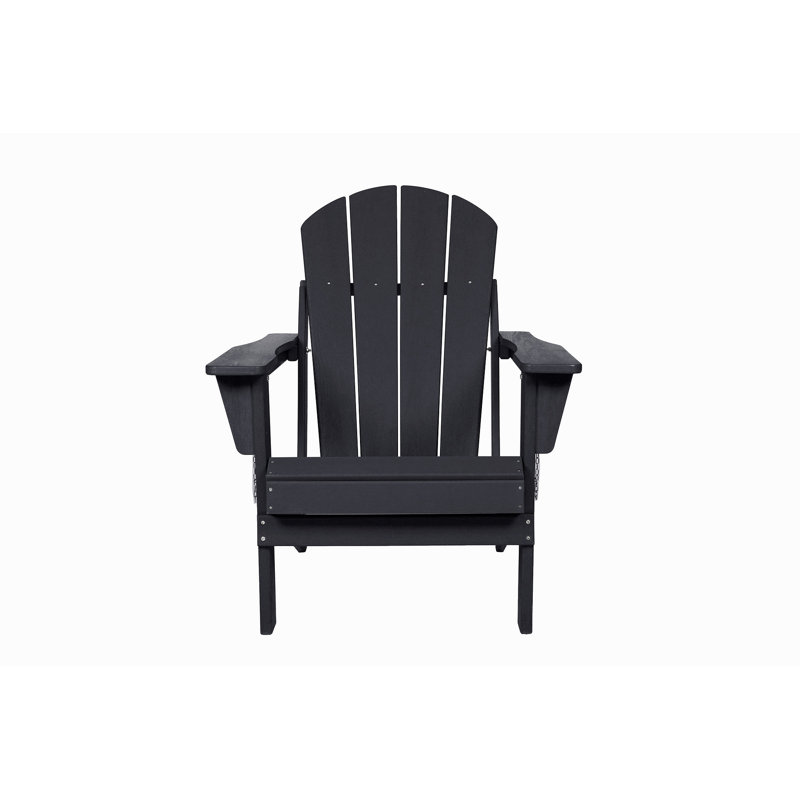 HDPE Folding Adirondack Chair With Dual Cup Holder - Composite Adirondack Chair With Wood Texture- Black, Black