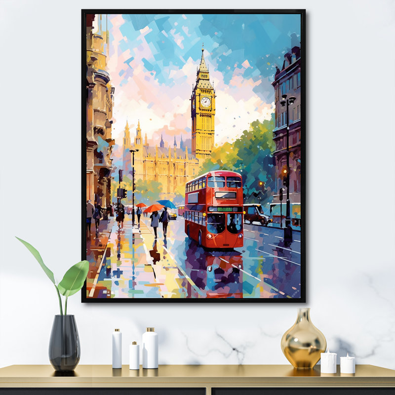 Vintage London UK Scenery - Cityscapes, impression d'art mural, H 44 po x l 34 po x P 1,5 po, Cadre flottant noir