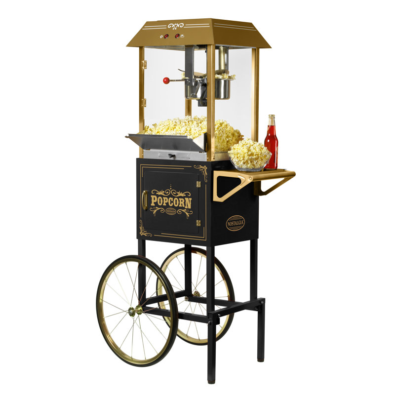 Vintage Black and Gold Popcorn Cart with Stainless Steel Kettle
