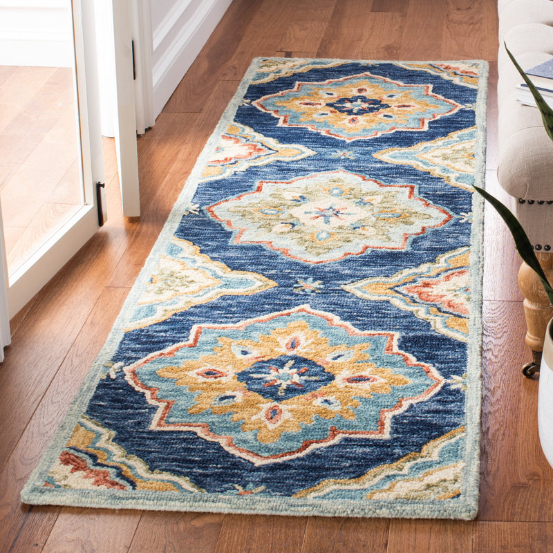 Tapis bleu marine en laine touffeté à la main Deacon, Tapis de couloir 2 pi 3 po x 8 pi