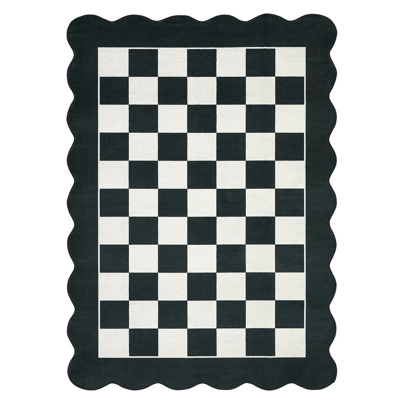 Washable Scalloped Rug Modern Checkerboard Rug Non Slip, Soft Non Shedding Thin Carpet, Indoor Low Pile Foldable Carpet, Contemporary Printed Mat for Living Room Bedroom