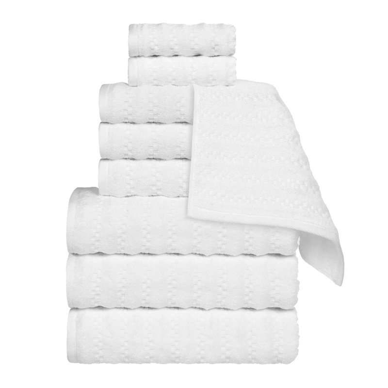 Ensemble de serviettes en coton 9 pièces Blue Nile Mills - Texture gaufrée - Séchage rapide, Blanc