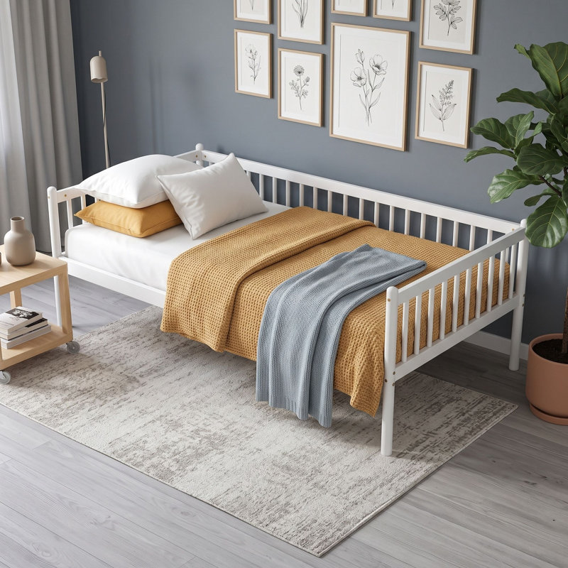 Lit double en bois avec barrières de sécurité sur trois côtés, Blanc