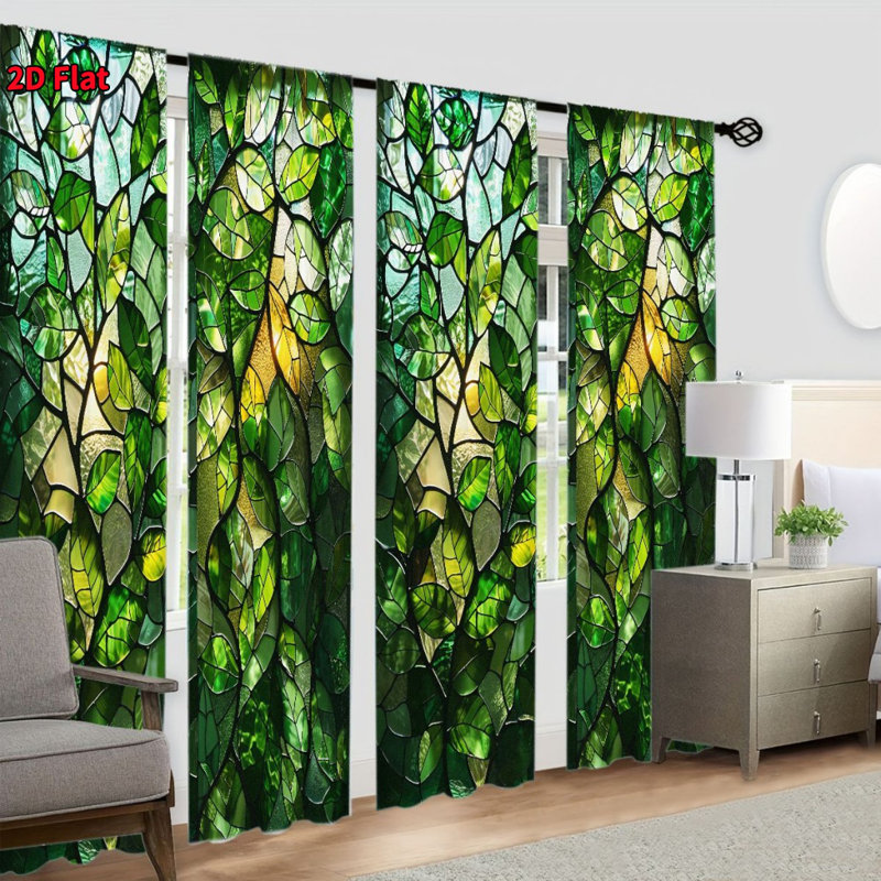 4Pcs Green Leaves Stained Glass Style Curtains for Living Room Bedroom Kitchen, Window Treatment with Rod Pocket, Home Decor, Drapes, Elegant Covering|