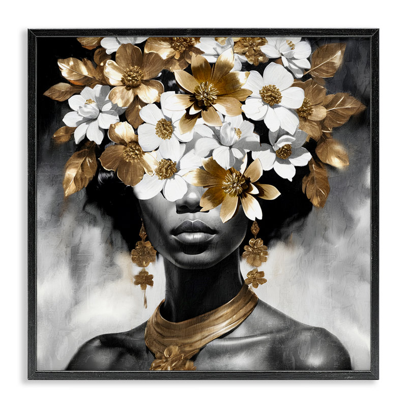 Femme et fleurs dorées, estampe numérique par Kim Allen, H 12 po x l 12 po, Giclée encadrée noir minuit