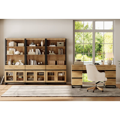  Ensemble de mobilier de bureau personnel: bureau de direction moderne 59 po avec station de charge et tiroirs et trois bibliothèques de 72 po de hauteur avec armoire de rangement, mobilier de bureau personnel pour le salon