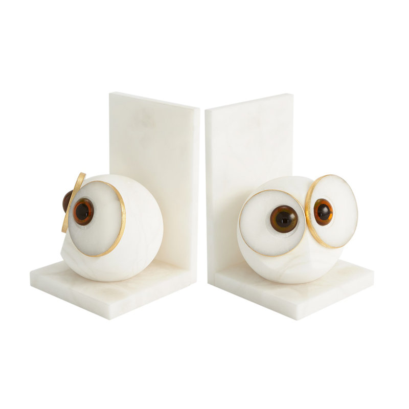 Pair Alabaster Big Eyed Owl Bookends-Lg