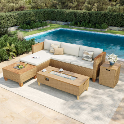 Outdoor Wicker Patio Conversation Furniture Set With Acacia Wood Coffee Table