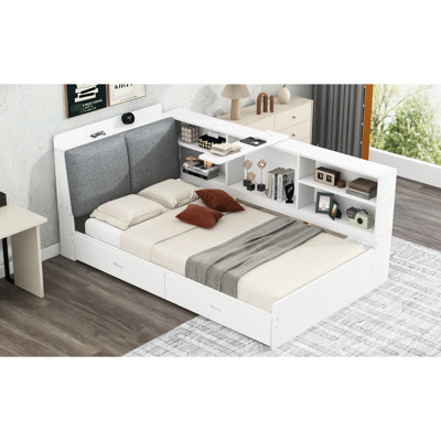 Lit plateforme simple avec rangement pour tête de lit, 2 tiroirs, tablettes en bois blanc