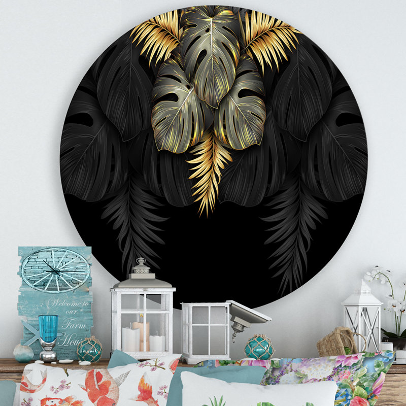 «Black and Gold Tropical Leaves IV» - art mural moderne en métal, H 23 po x l 23 po x P 1 po