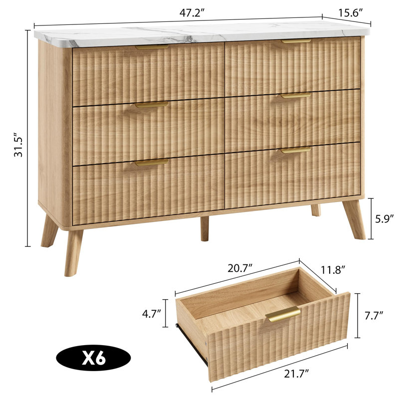 Fluted Dresser for Bedroom with 6 Deep Drawers, 47.2 in Tall Chest with Faux Marble Top & Curved Profile, Modern Wooden Dresser for Living Room, Kids Room, Hallway (Natural Oak)