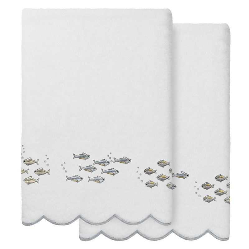 100% Turkish Cotton FISH SCHOOL Scallop 2PC Embellished Bath Towel Set, White/Beige, Bath Towel - 2 Pack