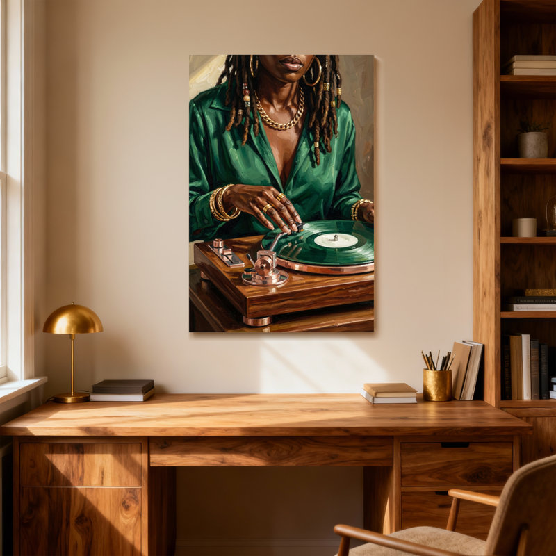 Femme à la mode avec des dreads jouant du disque vinyle