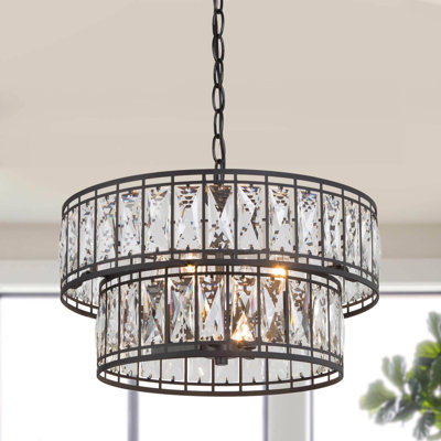 Baconton 4-Light Black Dimmable 2-Tier Crystal Chandelier