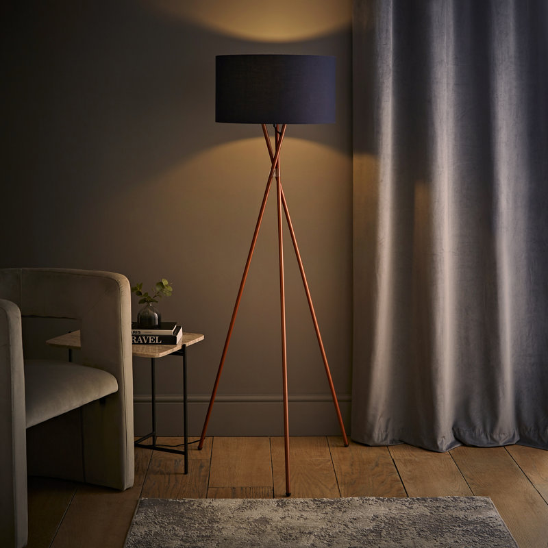 Misner 155cm Camden Tripod Floor Lamp with Large Reni Shade, No, Navy Blue, Copper