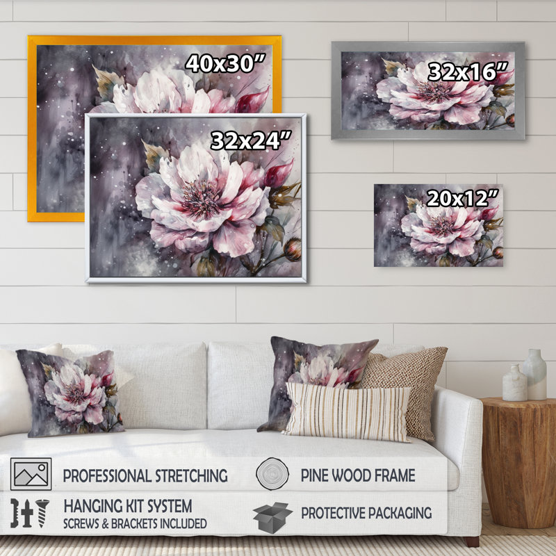 Pivoines roses et vertes sur une branche I - impression, H 12 po x l 20 po x P 1 po, Cadre doré simple