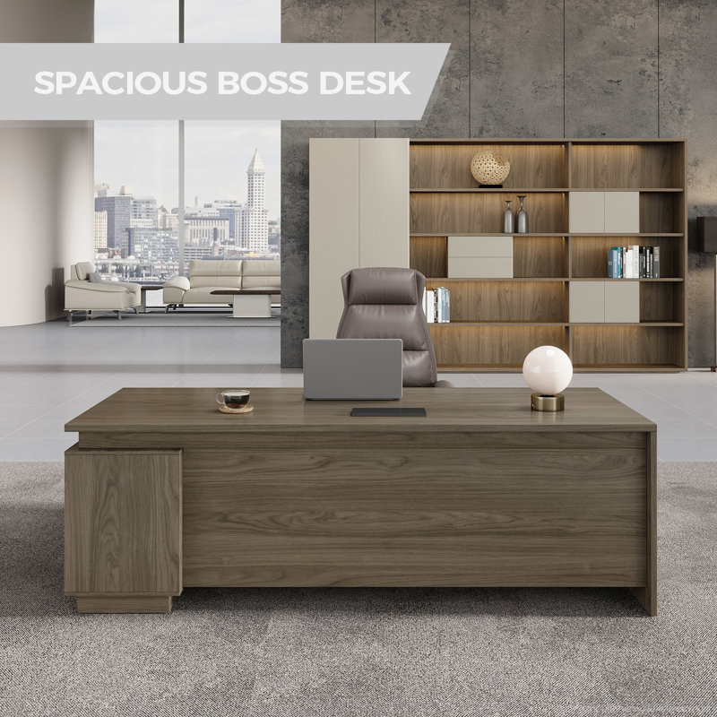 Executive L-Shaped Office Desk With Integrated Storage & Ergonomic Design, Black Walnut