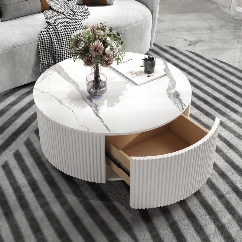 Table basse ronde moderne avec 2 tiroirs et roulettes, plateau en pierre frittée en marbre, conception compacte pour petit salon