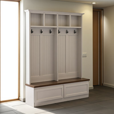 Arbre d'entrée 4 en 1 Farmhouse avec banc à grain de bois, portemanteau polyvalent avec 2 grands tiroirs, organisateur d'entrée pour le couloir, le salon, blanc, l 55,9 po