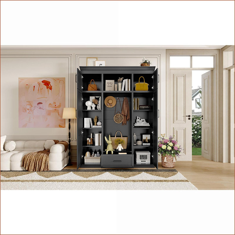 Hall Tree, Modern 85.2''H with Bench, 3 Hooks, 4 Doors &amp; Drawer | MDF | Black, Black