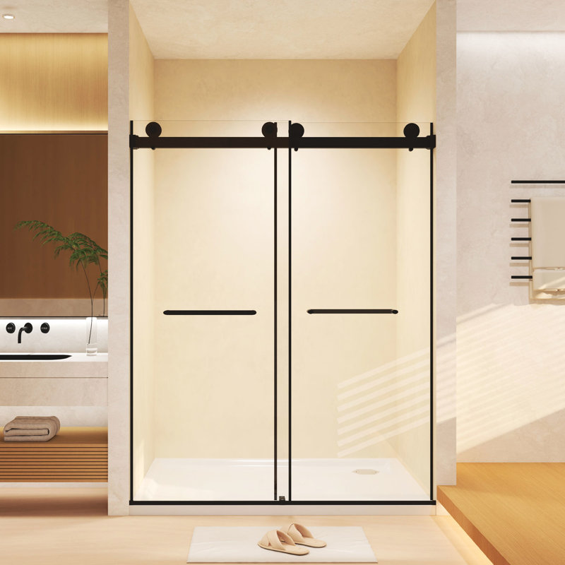 Double Sliding 56 - 60 "W X 74" H Shower Door, 8Mm Tempered Glass, Matte Black, Stainless Steel Fittings, External Proof Film, Space Saving Dual Sliding, Silent Raised Water Barrier For Bathroom Use