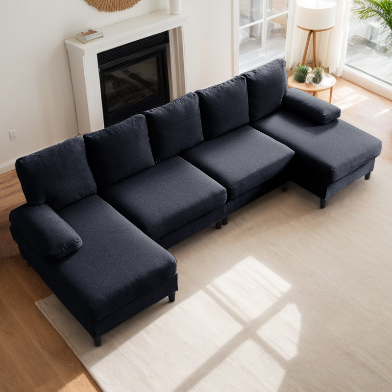 112" U-Shaped Sectional Sofa with Ottoman & 4 Seats, Dark Gray