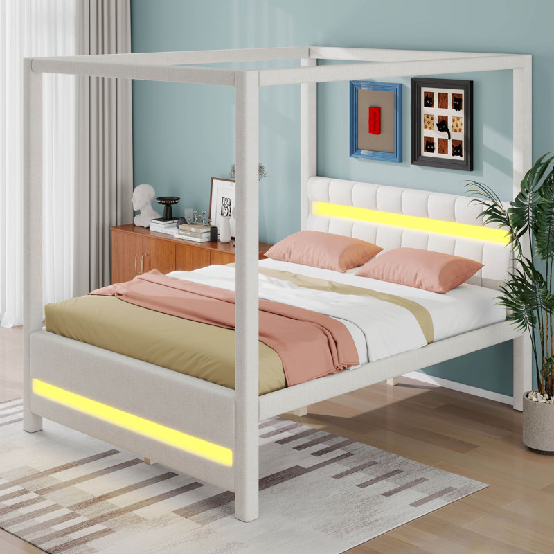 Lit à baldaquin avec lumières DEL, lit plateforme tapissier en bois avec tête de lit