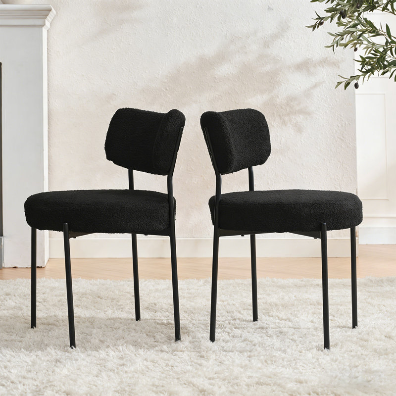 Boucle Dining Chairs Set of 2, Kitchen Chairs Set of 2 with Cushion and Curved Backrest for Living Room Restaurant, Black